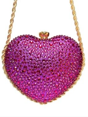 Pink Rhinestone Heart Clutch Bag | Crystal Evening Purse | Gold Chain Crossbody